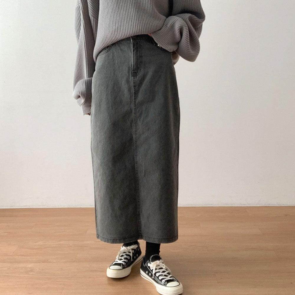 水洗開叉牛仔長裙<KR> - IKIMSTORE