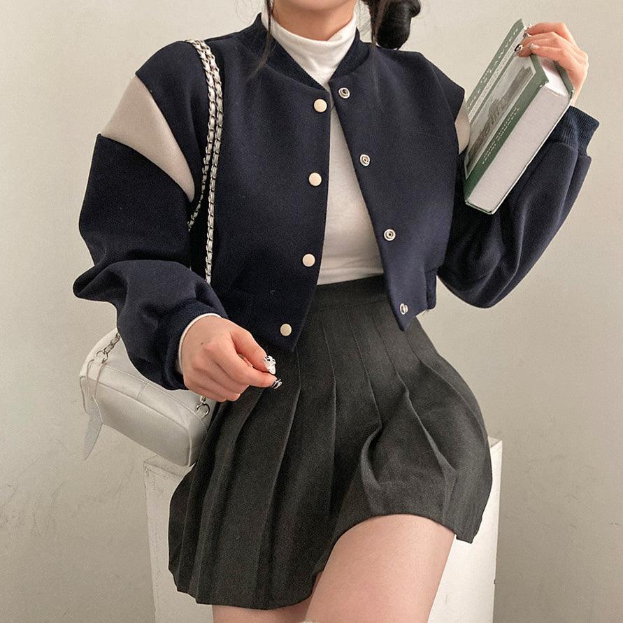 撞色毛呢短款飛行員夾克<KR> - IKIMSTORE
