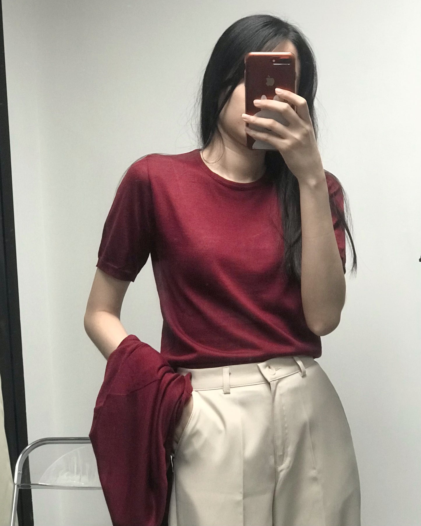 【現貨】🍷法式酒紅針Tee+開衫套裝 <KR> - IKIMSTORE