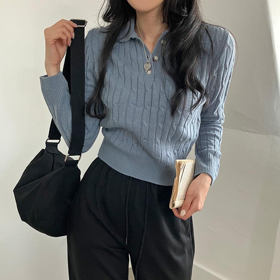 【現貨Navy】韓製麻花翻領開鈕針織上衣<KR>(6color) - IKIMSTORE