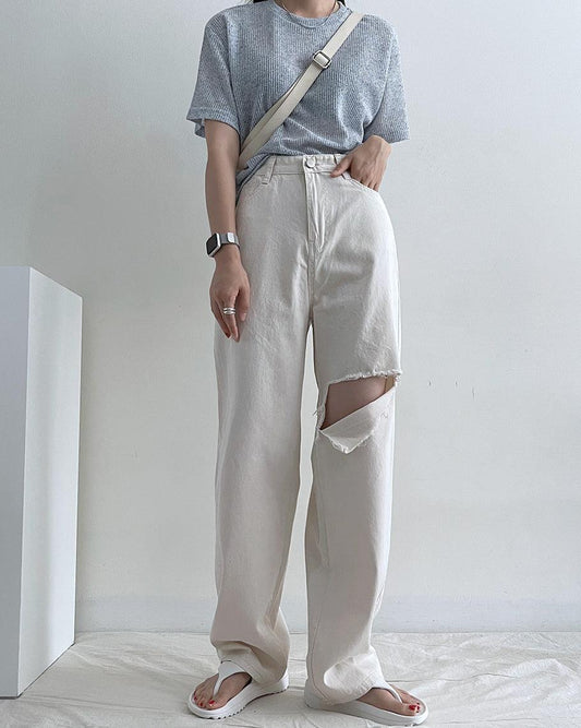 【現貨黑(M)】膝蓋割破牛仔闊褲<KR>(S-L) - IKIMSTORE