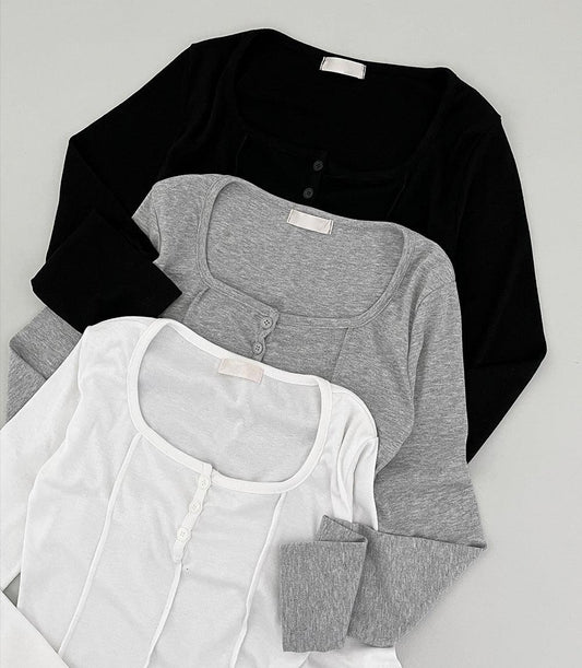 【現貨黑】方領鈕扣骨線短款長袖T恤 - IKIMSTORE