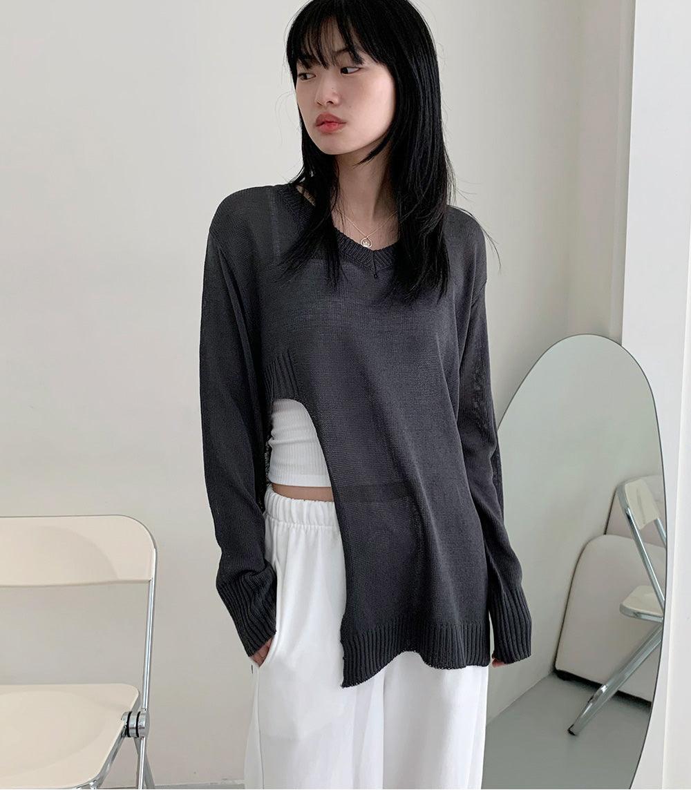 韓製V領開衩透膚針織衫<KR> - IKIMSTORE