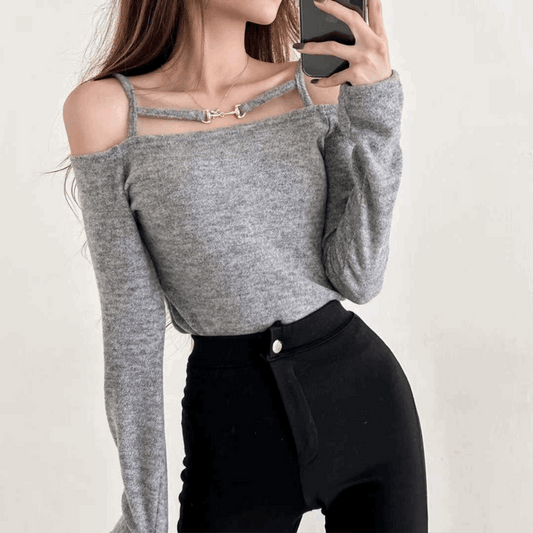 【現貨灰】韓製銀扣鏈露肩T恤<KR> - IKIMSTORE