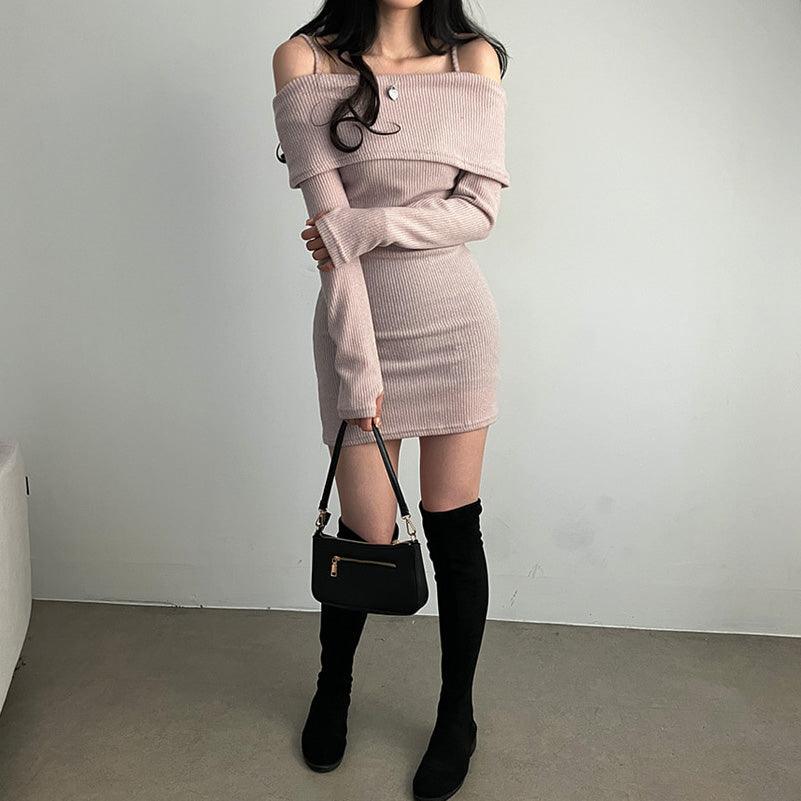 吊帶露肩迷你連衣裙<KR> - IKIMSTORE