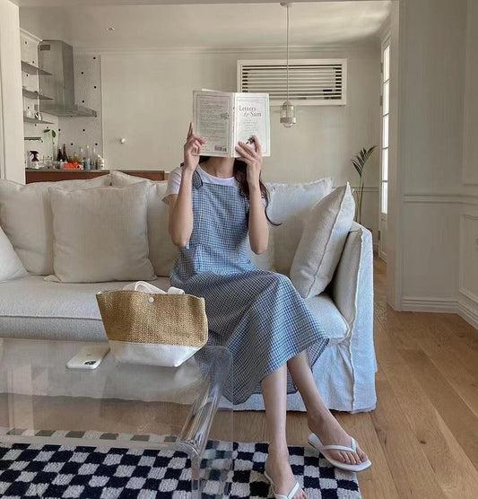 【現貨】🇰🇷韓製綁帶格背心紋連衣裙<KR> - IKIMSTORE