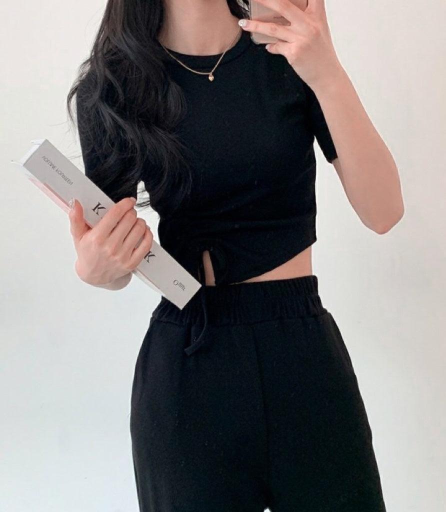 【現貨米、藍】抽繩crop top+休閒褲套裝♡兩件套 - IKIMSTORE