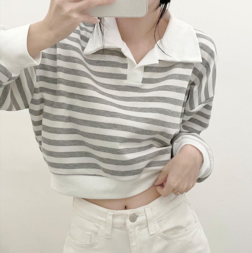 撞色條紋短款翻領衛衣<KR> - IKIMSTORE