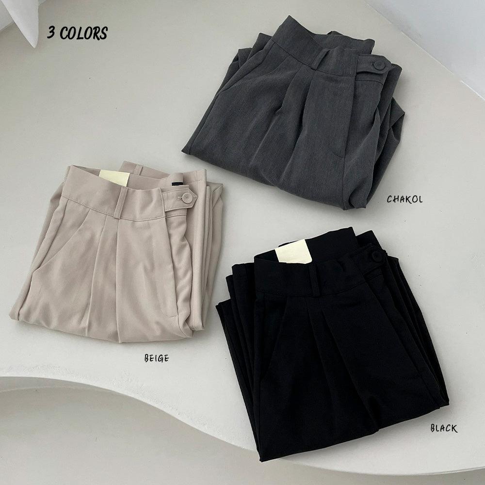 【獨特側鈕!】高腰兩針褶西裝闊褲(S-XL) - IKIMSTORE