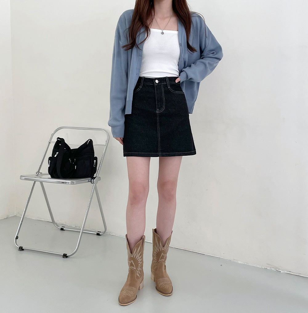 【現貨黑M】韓製明線牛仔迷你裙(S-2XL)