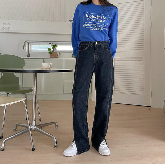 【超顯腿長!】靛藍開衩牛仔直筒褲<KR>(S-2XL) - IKIMSTORE