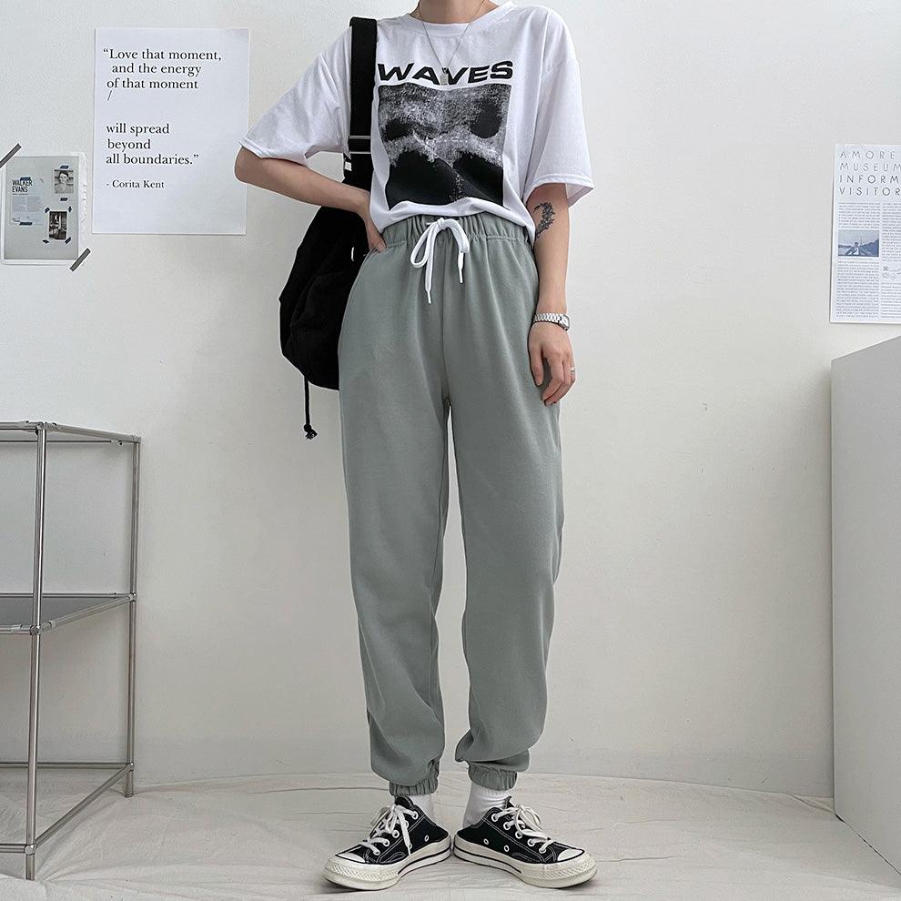 【韓製/S-5XL】高腰鬆緊腰慢跑束腳褲<KR> (14color) - IKIMSTORE