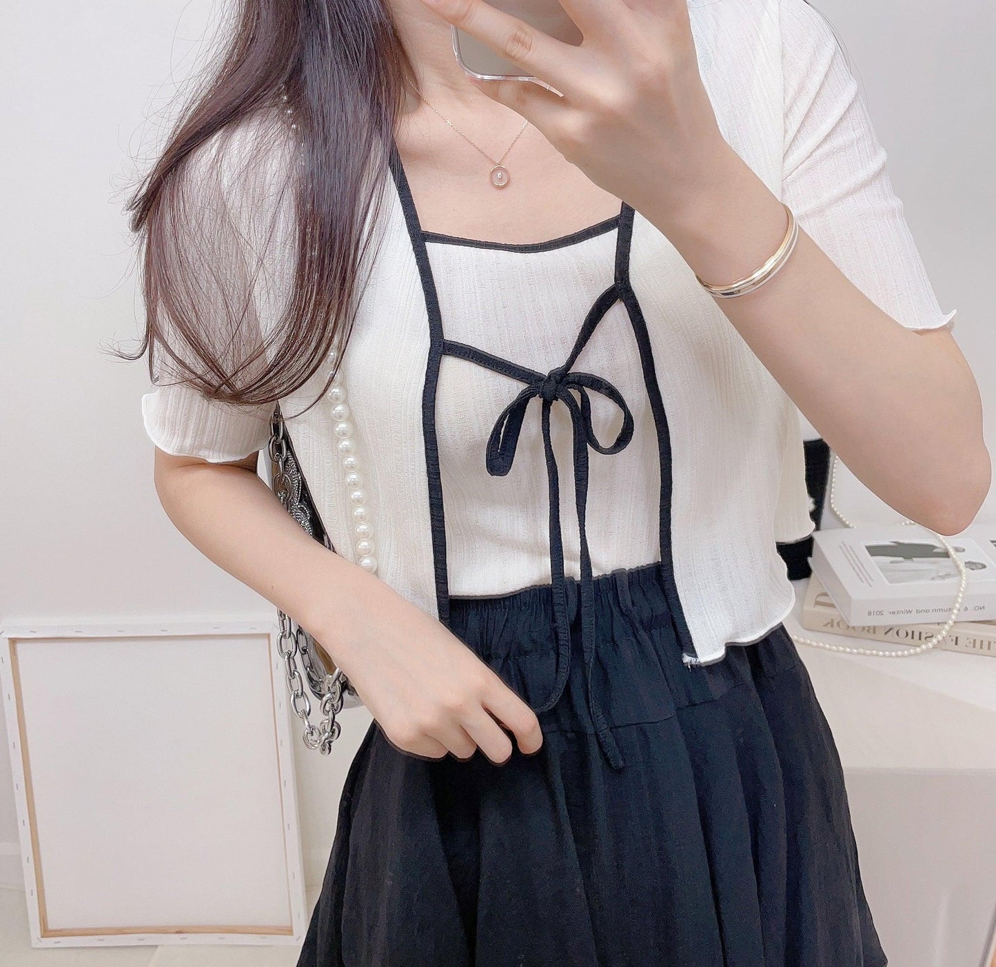 【完美搭配SET!】涼感綁帶撞色短袖開衫+背心套裝<KR> - IKIMSTORE