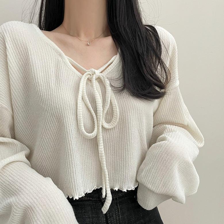 溫柔坑紋綁帶短款上衣<KR> - IKIMSTORE