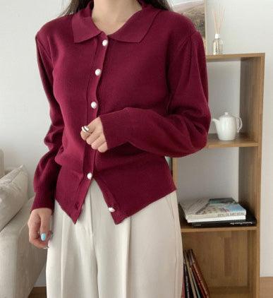 【現貨】法式翻領珍珠扣針織開衫<KR> - IKIMSTORE