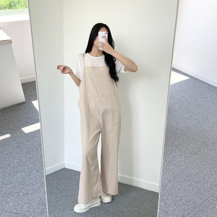 【現貨】鬆鬆感🤎肩帶綁帶休閒連身褲 - IKIMSTORE