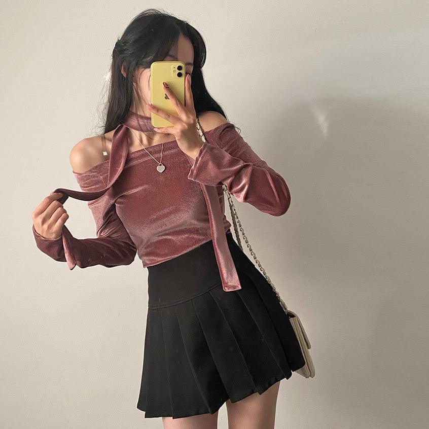 【現貨黑】🦢Velvet頸帶+露肩T恤套裝<KR> - IKIMSTORE