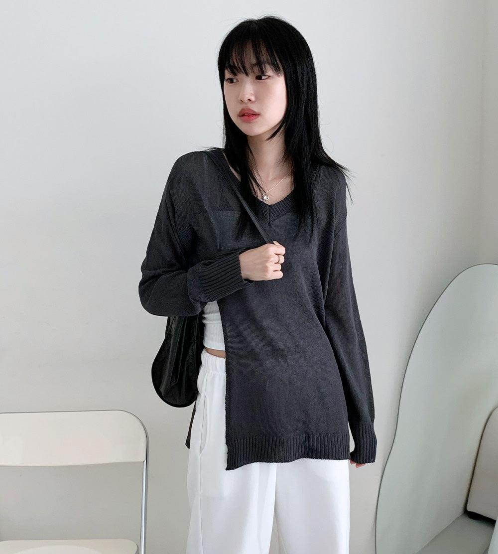 韓製V領開衩透膚針織衫<KR> - IKIMSTORE