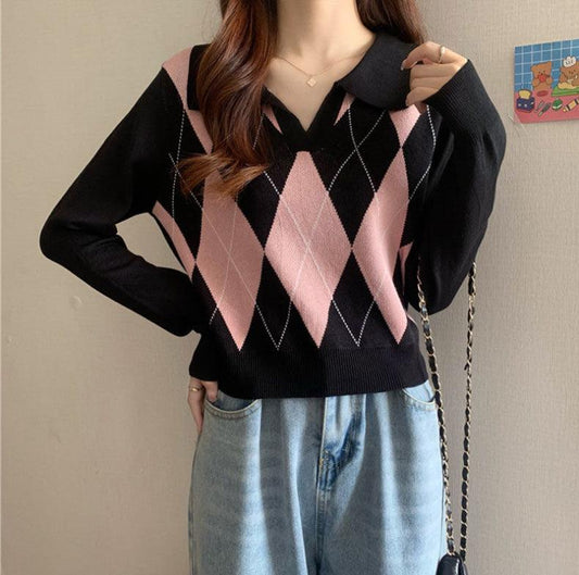 翻領小開領菱格針織上衣 - IKIMSTORE