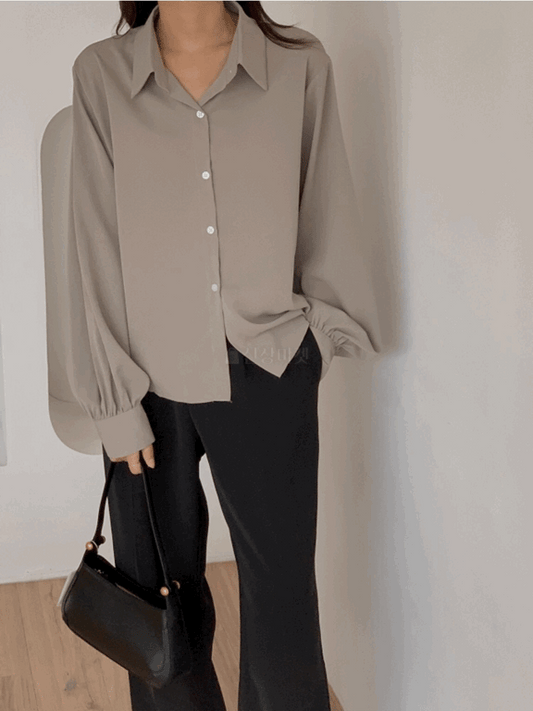 【現貨白杏/氣質】絲滑柔軟燈籠袖恤衫 - IKIMSTORE