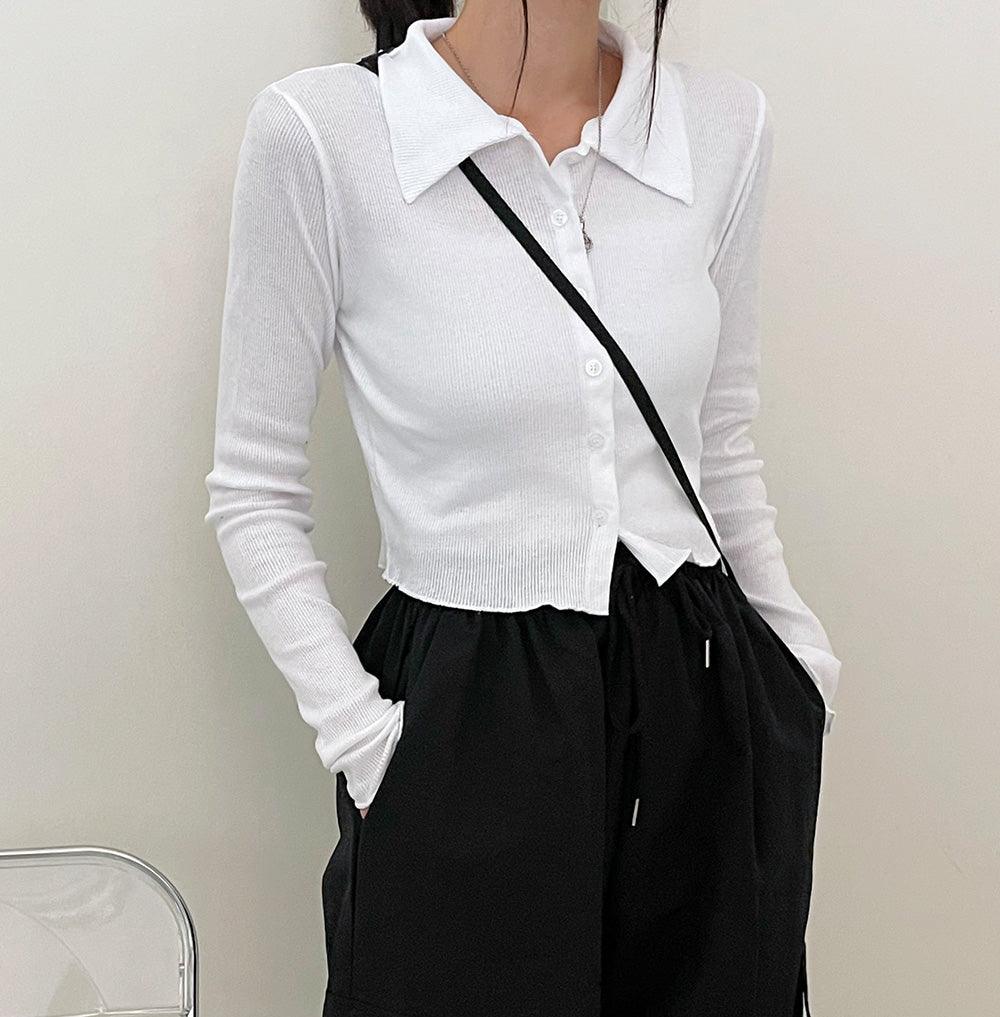 韓製羅紋翻領短款開衫<KR> - IKIMSTORE