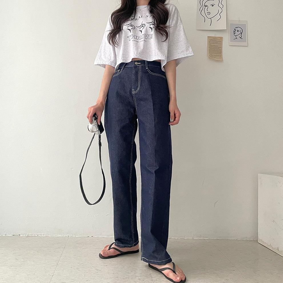 【現貨黑M】明線闊腳牛仔褲<KR> (S-L) - IKIMSTORE