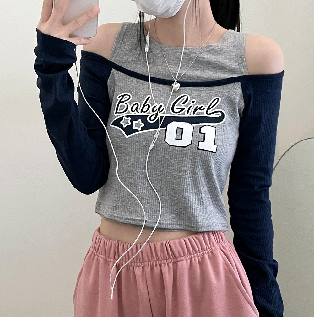撞色印花露肩長袖T