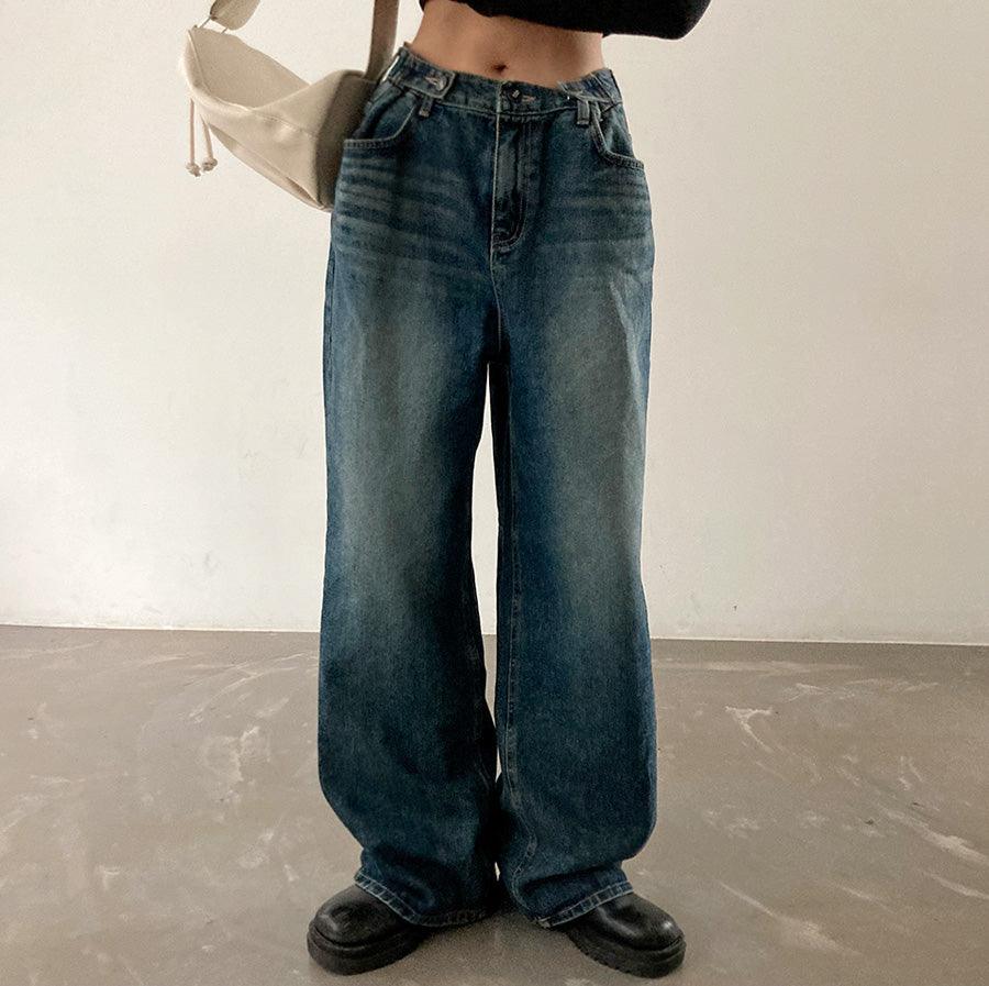 韓製復古腰扣水洗牛仔寬褲<KR> - IKIMSTORE