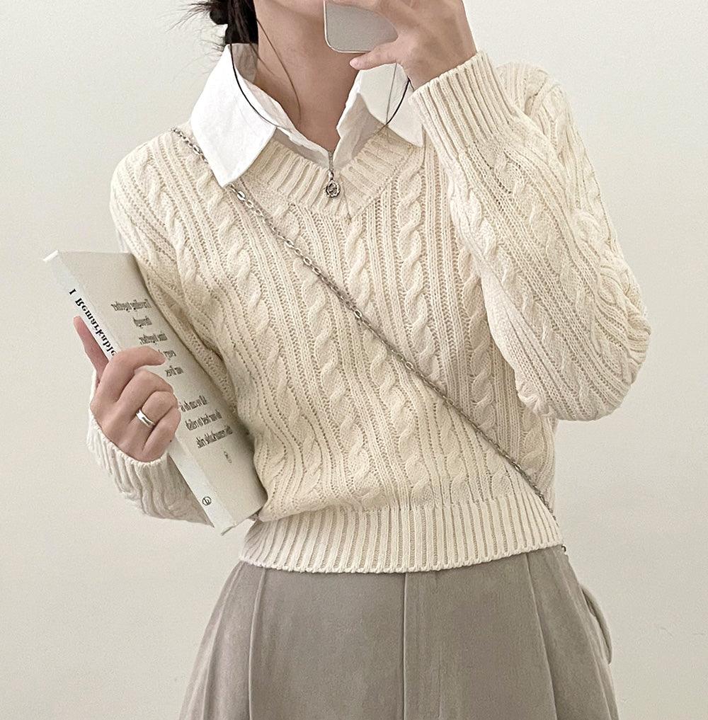 韓製麻花V領短款針織衫<KR>(5color) - IKIMSTORE