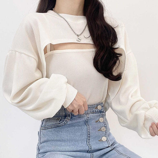 【SET】羅紋短版外套+背心套裝<KR> - IKIMSTORE