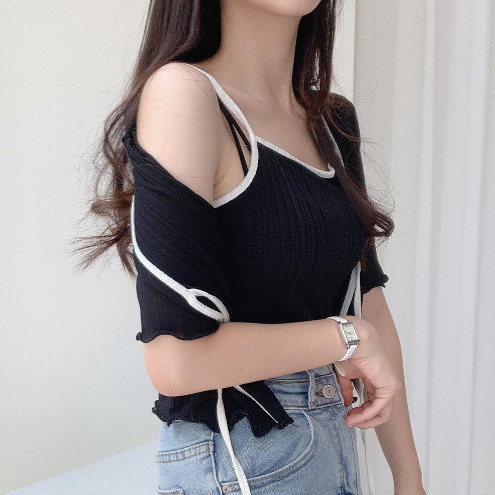 【完美搭配SET!】涼感綁帶撞色短袖開衫+背心套裝<KR> - IKIMSTORE