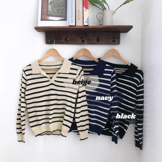 翻領條紋長袖針織上衣 - IKIMSTORE