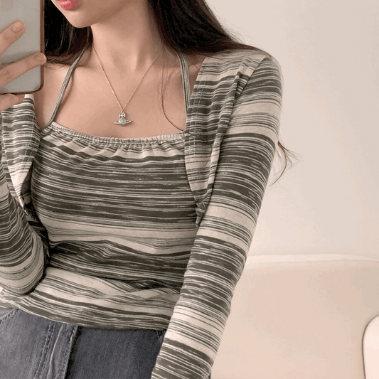 【Unique!】復古條紋吊帶+短版外套SET - IKIMSTORE