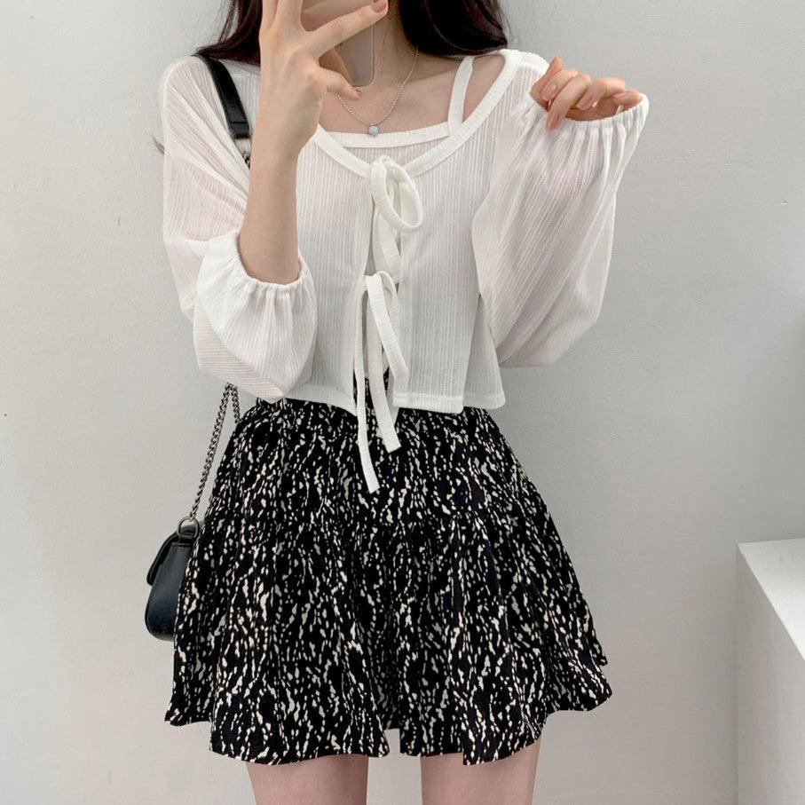 【現貨】蝴蝶結綁帶背心開衫套裝<KR> - IKIMSTORE