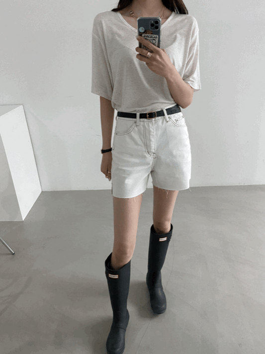 白色棕明線牛仔短褲<KR> - IKIMSTORE