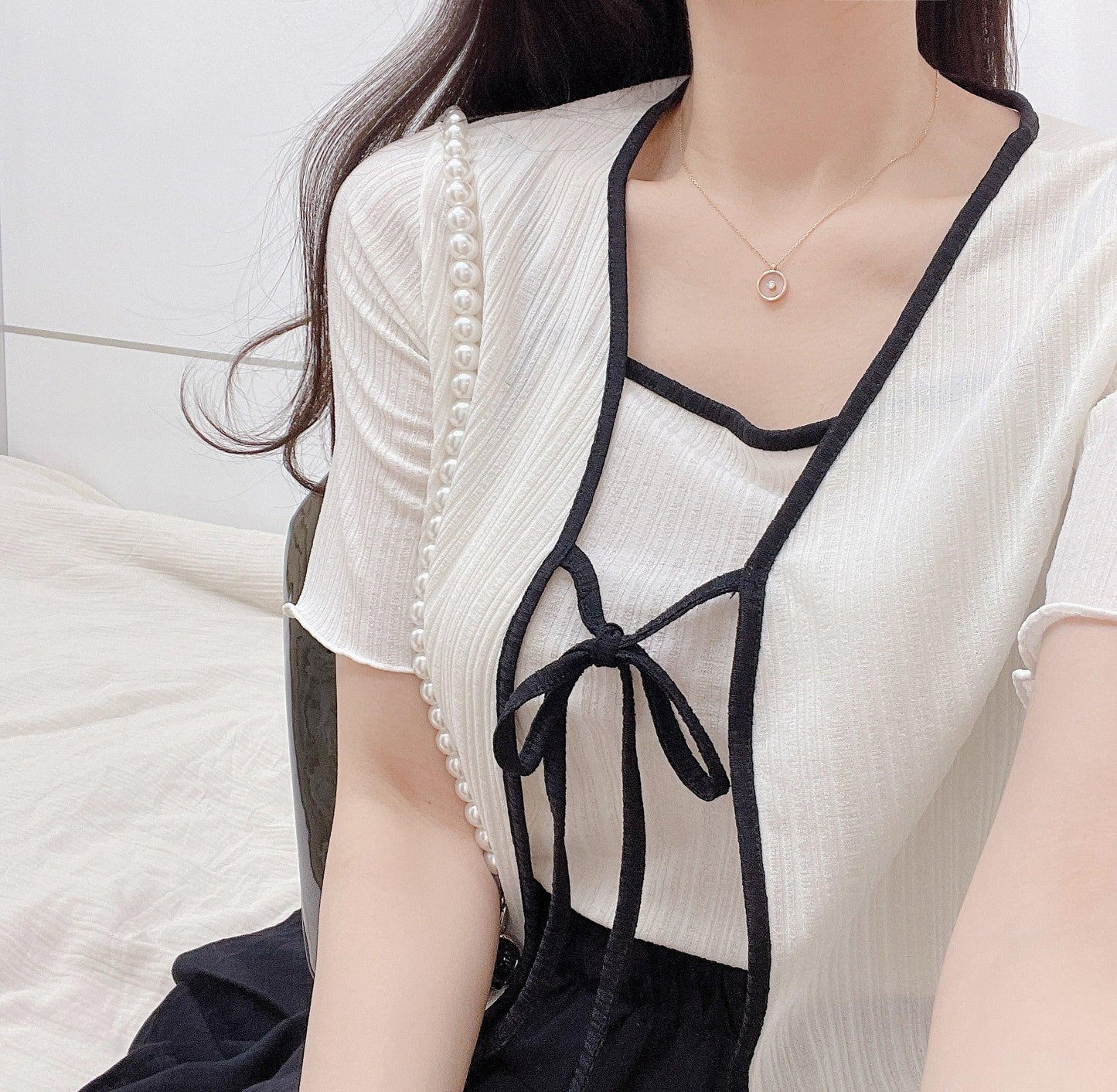 【完美搭配SET!】涼感綁帶撞色短袖開衫+背心套裝<KR> - IKIMSTORE