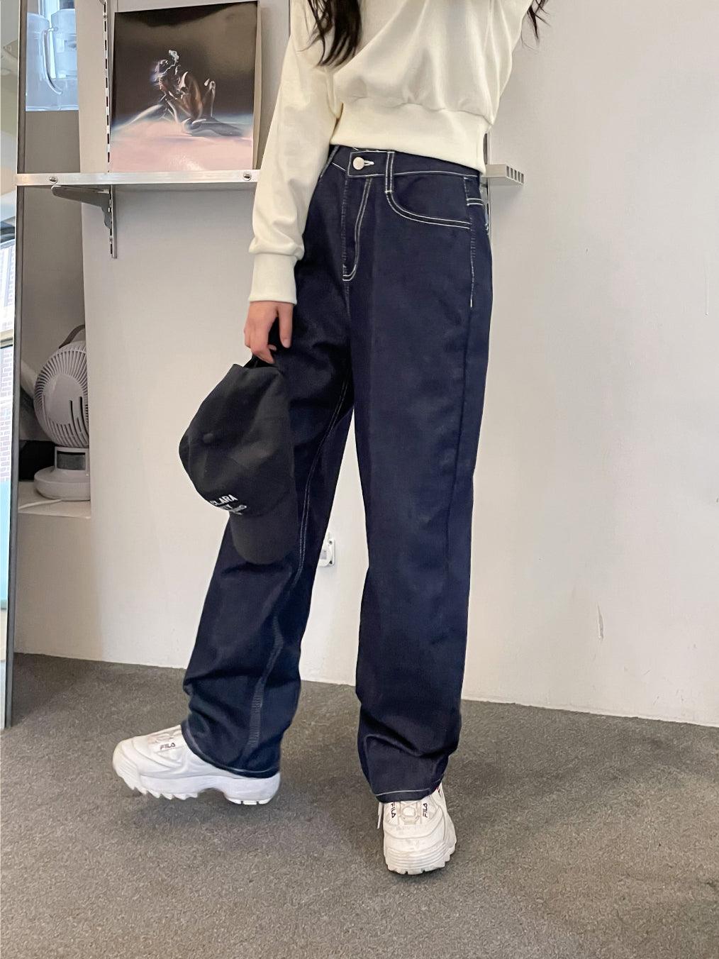 【現貨黑M】明線闊腳牛仔褲 <KR> (S-L) - IKIMSTORE
