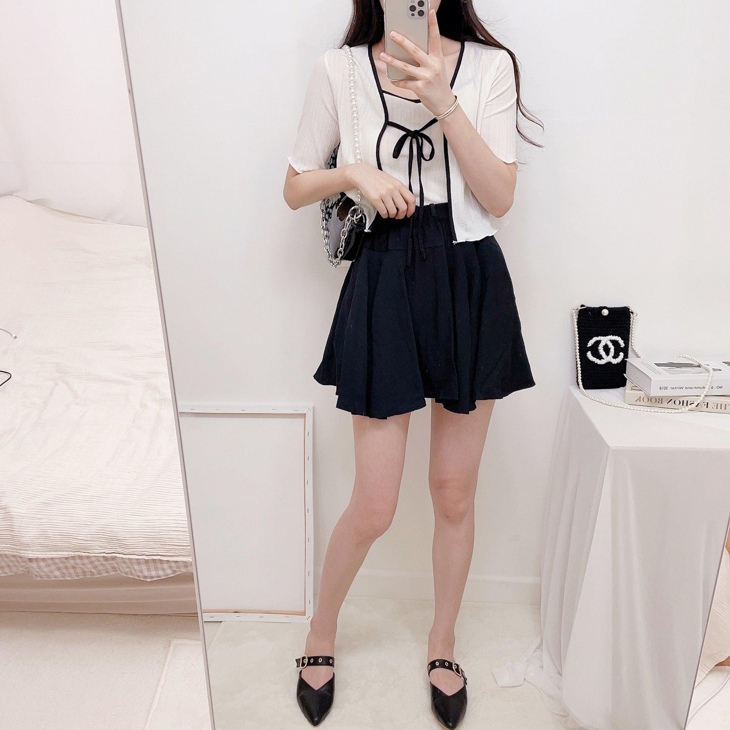 【完美搭配SET!】涼感綁帶撞色短袖開衫+背心套裝<KR> - IKIMSTORE