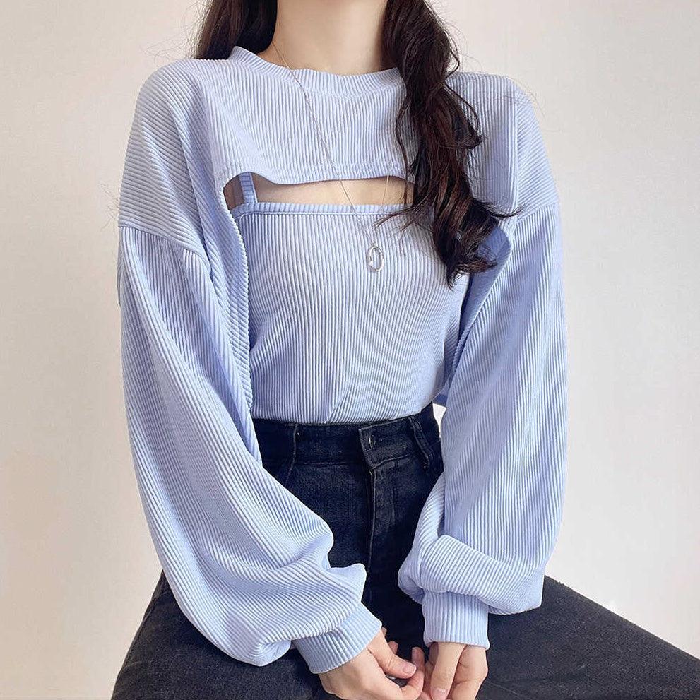 【SET】羅紋短版外套+背心套裝<KR> - IKIMSTORE