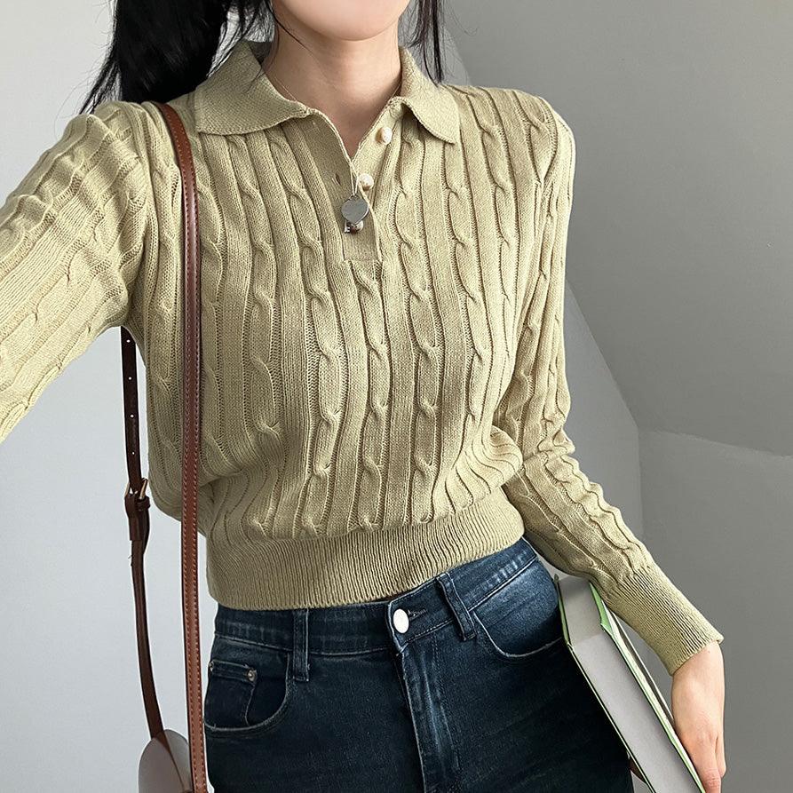 【現貨Navy】韓製麻花翻領開鈕針織上衣<KR>(6color) - IKIMSTORE