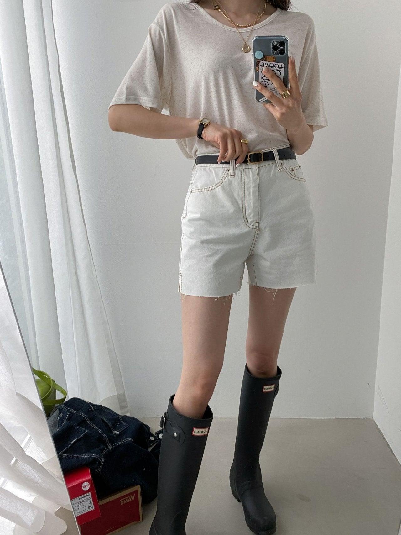 白色棕明線牛仔短褲<KR> - IKIMSTORE