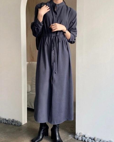 【紫灰色現貨】必入♤氣質立領恤衫綁帶連身裙 <KR> - IKIMSTORE