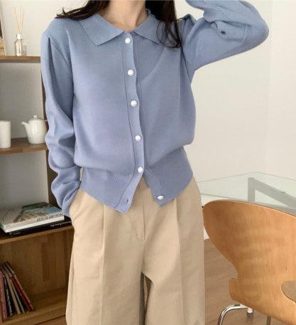 【現貨】法式翻領珍珠扣針織開衫<KR> - IKIMSTORE