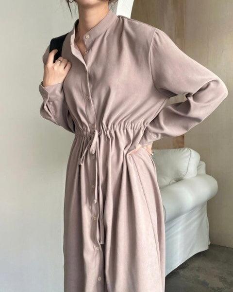 【紫灰色現貨】必入♤氣質立領恤衫綁帶連身裙 <KR> - IKIMSTORE