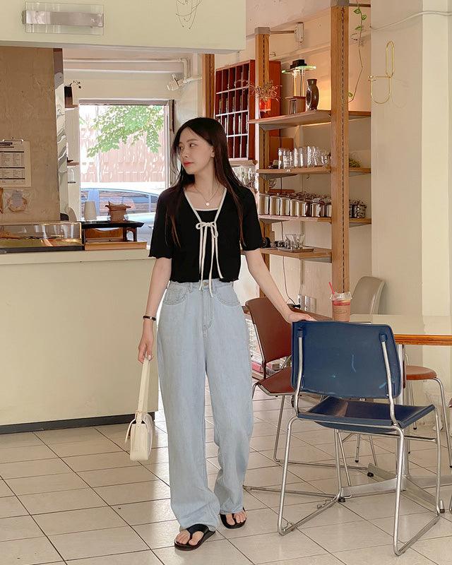 【完美搭配SET!】涼感綁帶撞色短袖開衫+背心套裝<KR> - IKIMSTORE