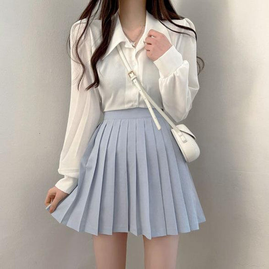 【現貨白杏藍】氣質微泡袖雪紡恤衫<KR> - IKIMSTORE