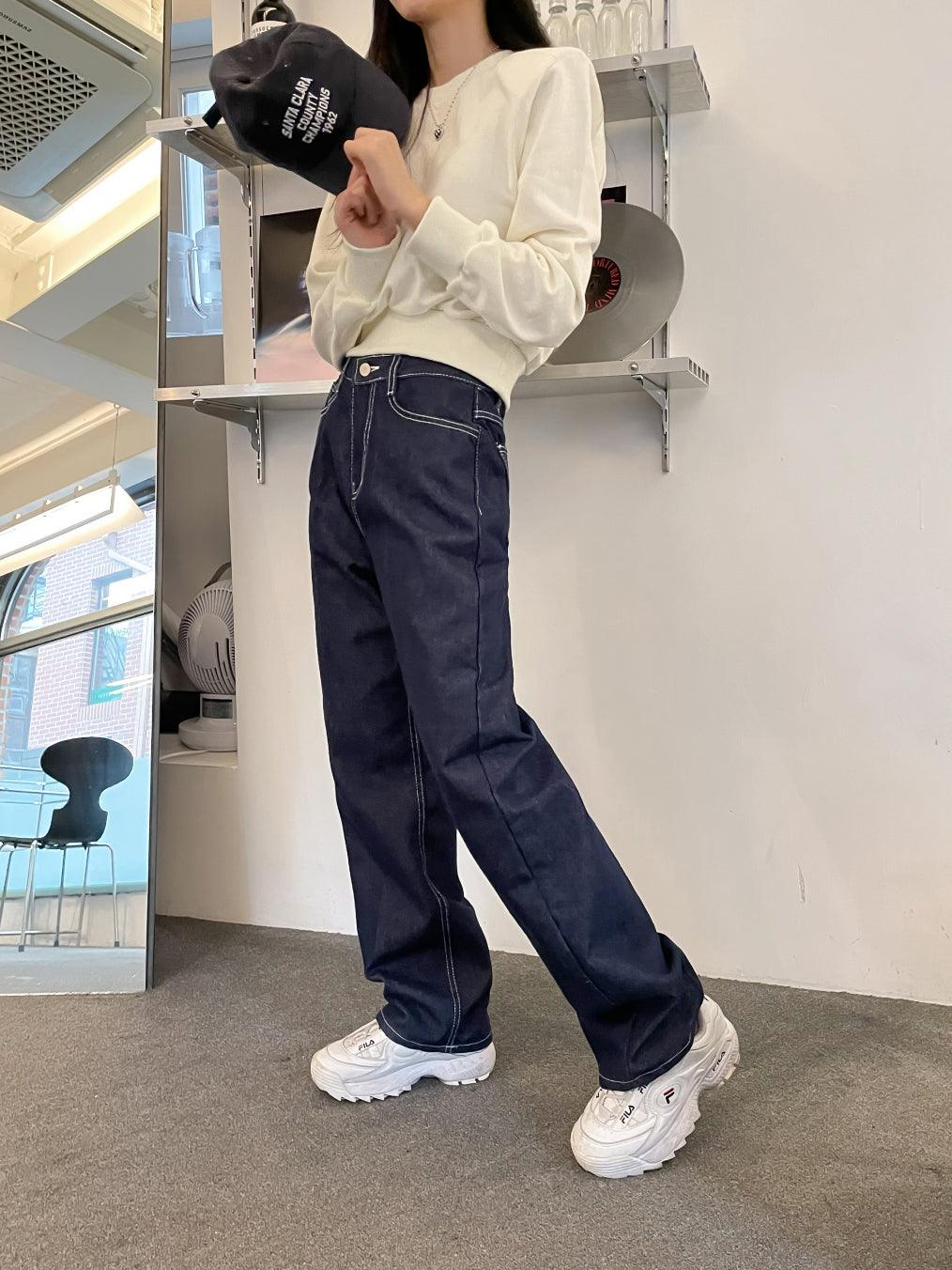 【現貨黑M】明線闊腳牛仔褲 <KR> (S-L) - IKIMSTORE