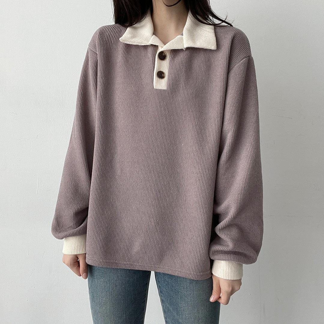 韓製羅紋開鈕撞色T恤<KR> - IKIMSTORE