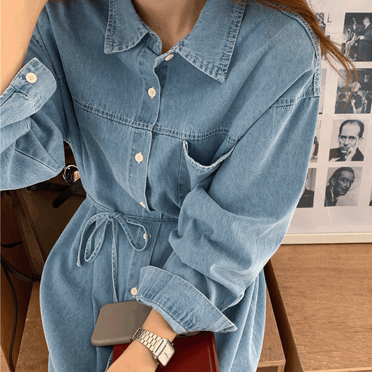 【現貨淺藍】明線牛仔恤衫長裙 - IKIMSTORE