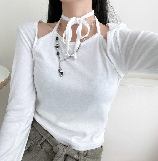 【獨特魅力!】繞頸綁帶露鎖骨T恤<KR> - IKIMSTORE